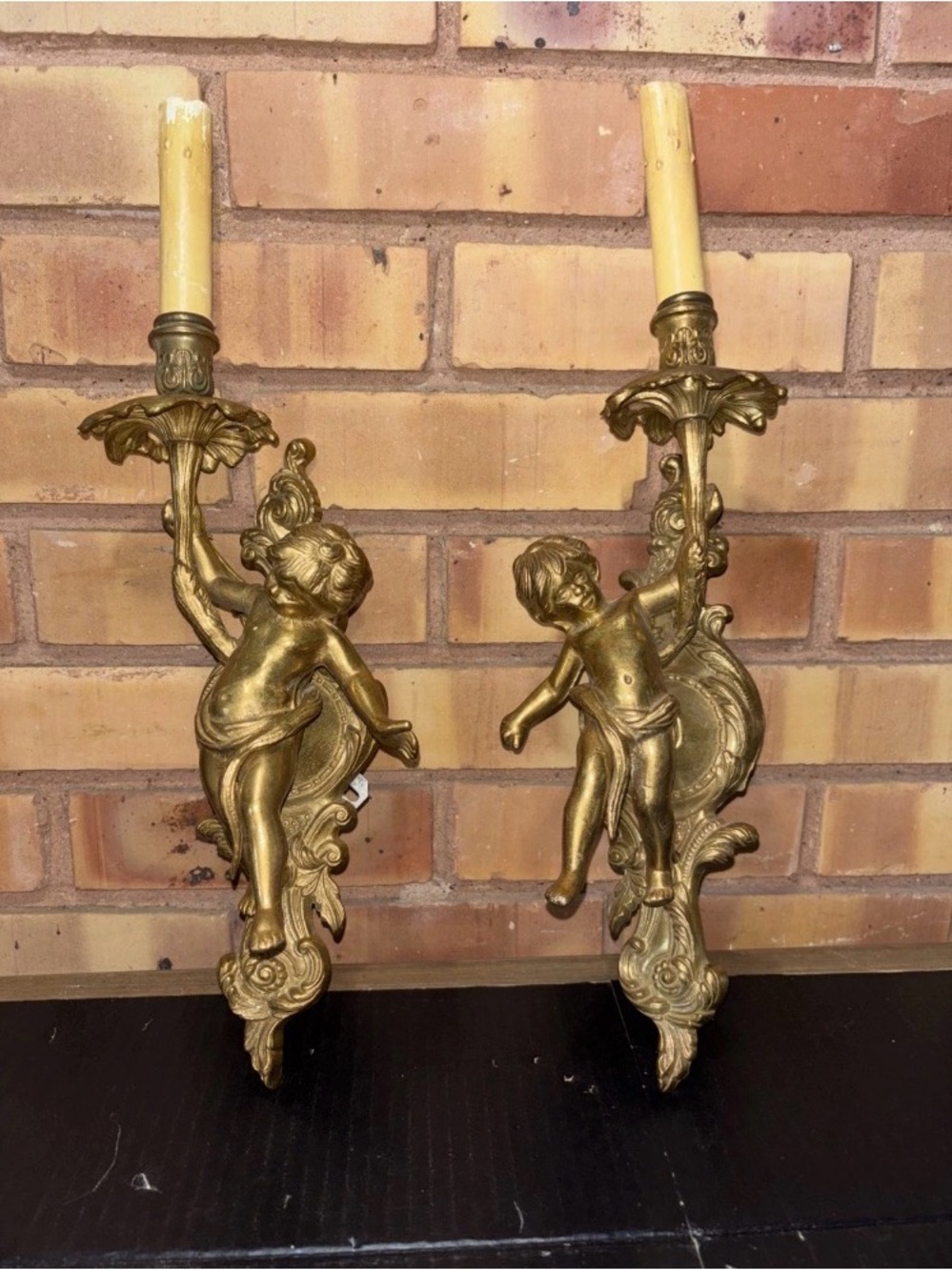 Vintage Italian Brevetatto Brass pair of cherub wall sconces angel/putto